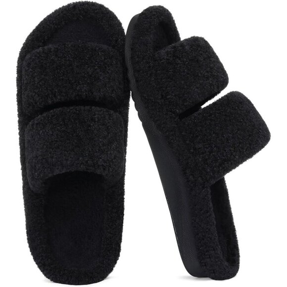 Shoes - Women's Black Fuzzy House Slippers with Moderate Arch Support Open Toe Cozy
